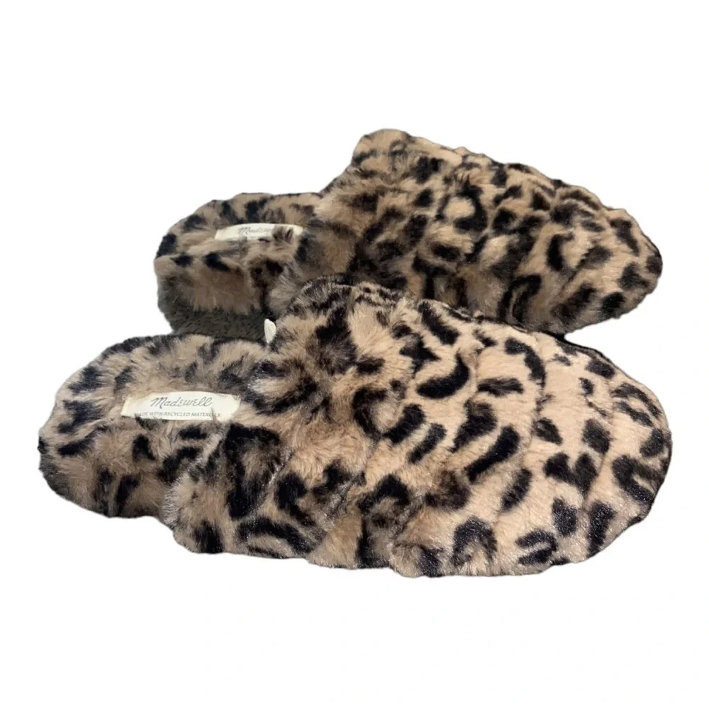 MADEWELL Leopard Cheetah Animal Print Quilted Plush Faux Fur Slippers Size 5 - Picture 3 of 13